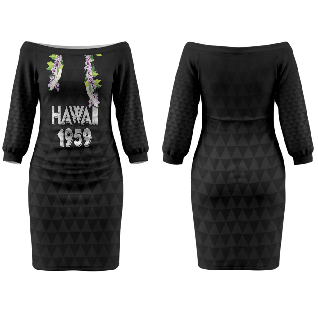 Hawaii Statehood Day Couples Matching Off The Shoulder Long Sleeve Dress and Long Sleeve Button Shirt Kakau Pattern With Maile Pikake Honohono Lei