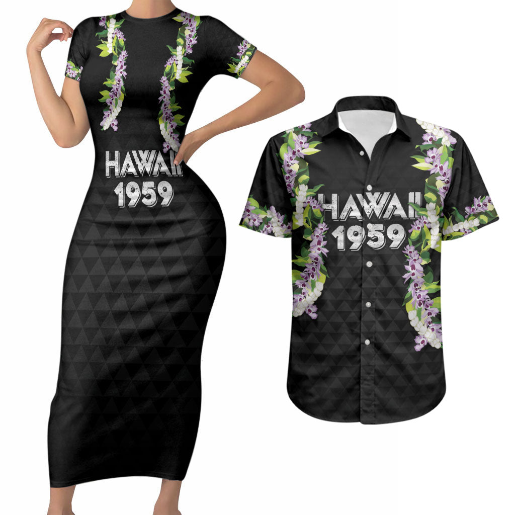 Hawaii Statehood Day Couples Matching Short Sleeve Bodycon Dress and Hawaiian Shirt Kakau Pattern With Maile Pikake Honohono Lei LT05 Black - Polynesian Pride