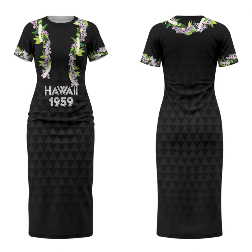 Hawaii Statehood Day Couples Matching Short Sleeve Bodycon Dress and Long Sleeve Button Shirt Kakau Pattern With Maile Pikake Honohono Lei LT05 - Polynesian Pride