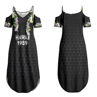 Hawaii Statehood Day Couples Matching Summer Maxi Dress and Hawaiian Shirt Kakau Pattern With Maile Pikake Honohono Lei
