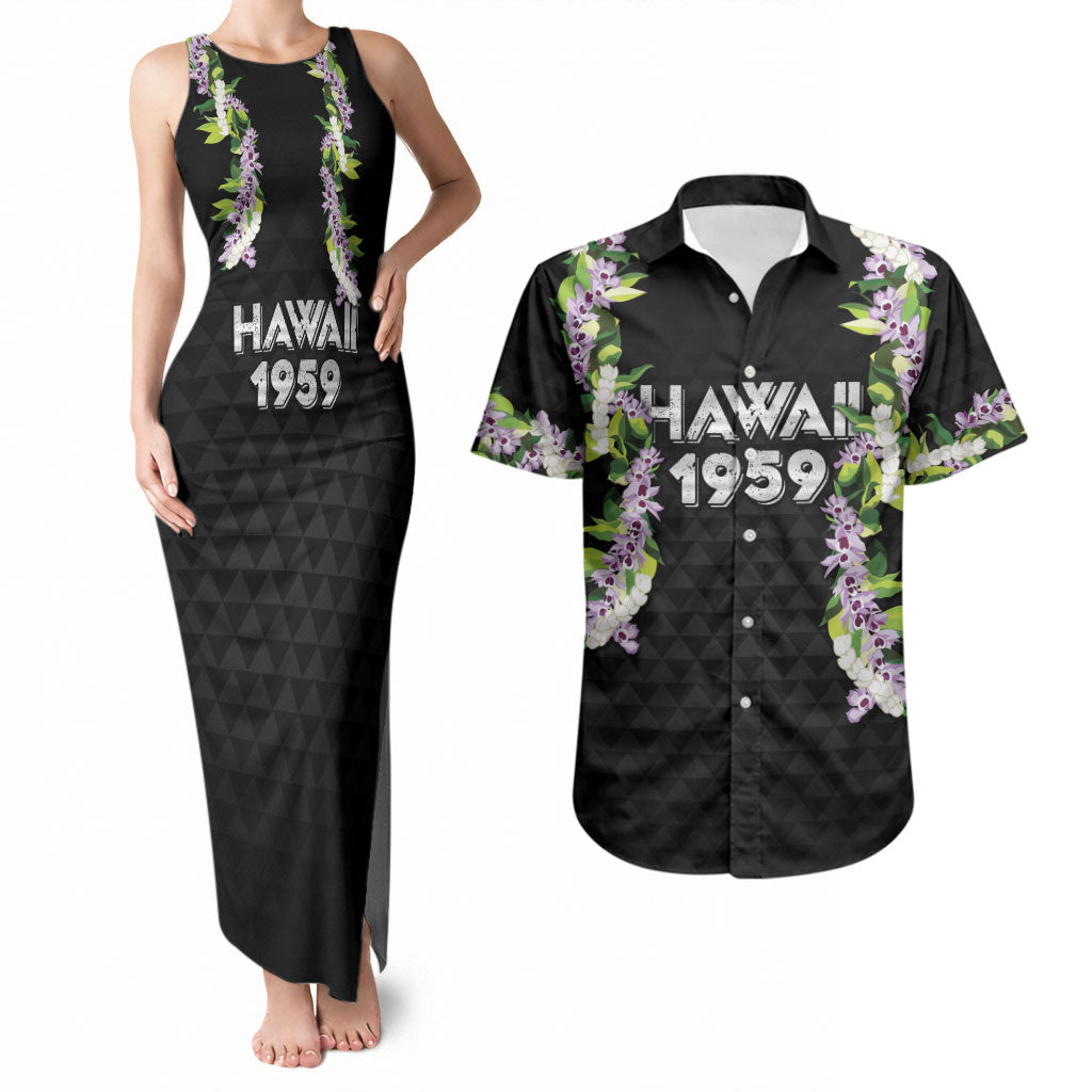 Hawaii Statehood Day Couples Matching Tank Maxi Dress and Hawaiian Shirt Kakau Pattern With Maile Pikake Honohono Lei