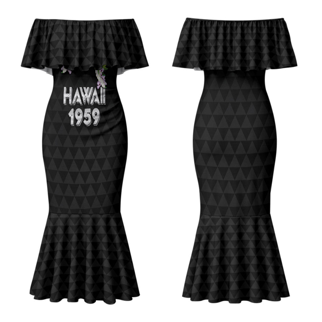 Hawaii Statehood Day Family Matching Mermaid Dress and Hawaiian Shirt Kakau Pattern With Maile Pikake Honohono Lei LT05 Mom's Dress Black - Polynesian Pride