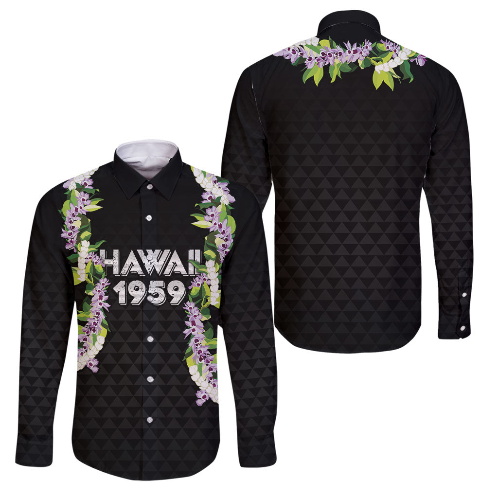 Hawaii Statehood Day Family Matching Off Shoulder Maxi Dress and Hawaiian Shirt Kakau Pattern With Maile Pikake Honohono Lei LT05 Dad's Shirt - Long Sleeve Black - Polynesian Pride