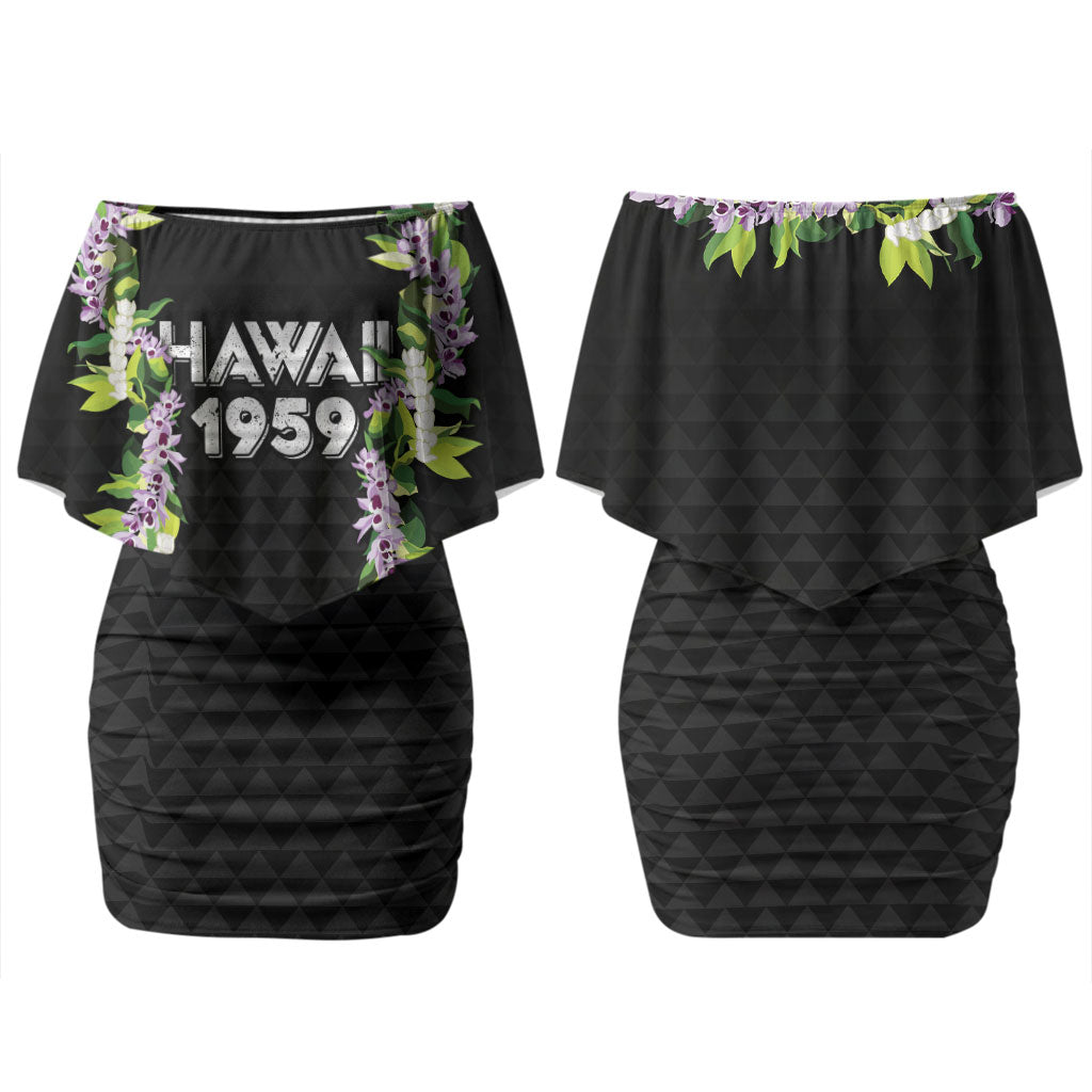 Hawaii Statehood Day Family Matching Off Shoulder Short Dress and Hawaiian Shirt Kakau Pattern With Maile Pikake Honohono Lei LT05 Mom's Dress Black - Polynesian Pride