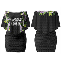 Hawaii Statehood Day Family Matching Off Shoulder Short Dress and Hawaiian Shirt Kakau Pattern With Maile Pikake Honohono Lei LT05 Mom's Dress Black - Polynesian Pride