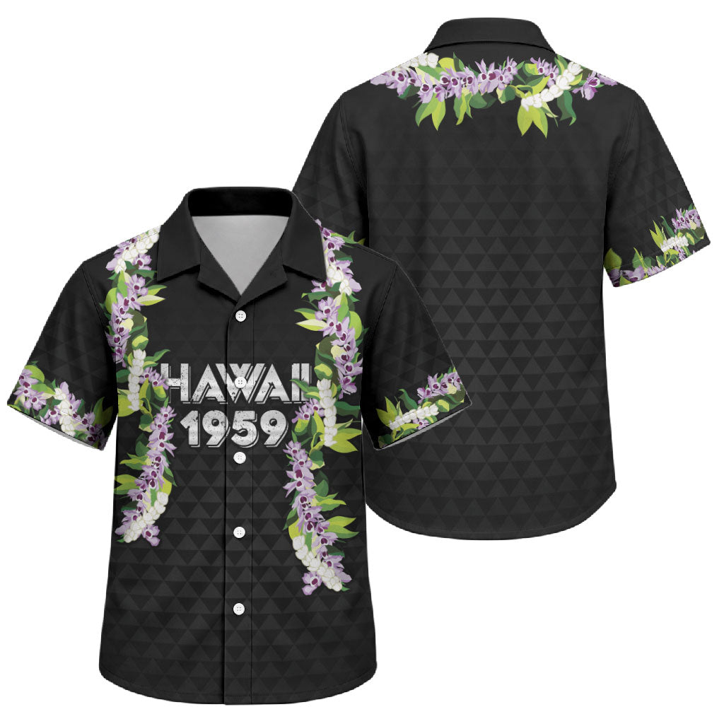 Hawaii Statehood Day Family Matching Off Shoulder Short Dress and Hawaiian Shirt Kakau Pattern With Maile Pikake Honohono Lei LT05 Son's Shirt Black - Polynesian Pride