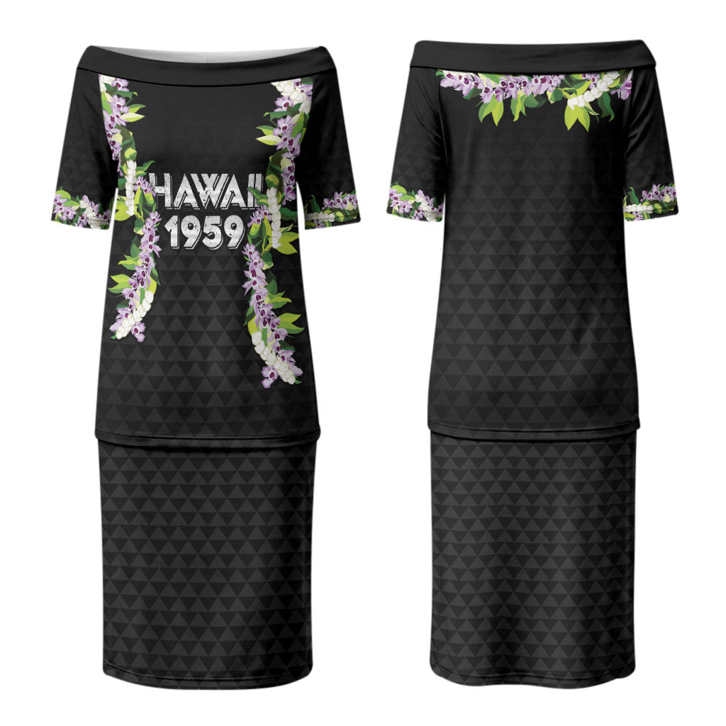 Hawaii Statehood Day Family Matching Puletasi and Hawaiian Shirt Kakau Pattern With Maile Pikake Honohono Lei LT05 Mom's Dress Black - Polynesian Pride