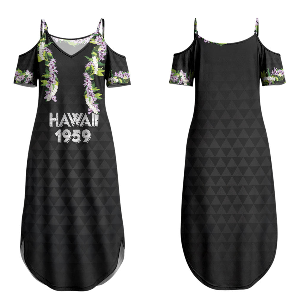 Hawaii Statehood Day Family Matching Summer Maxi Dress and Hawaiian Shirt Kakau Pattern With Maile Pikake Honohono Lei LT05 Mom's Dress Black - Polynesian Pride