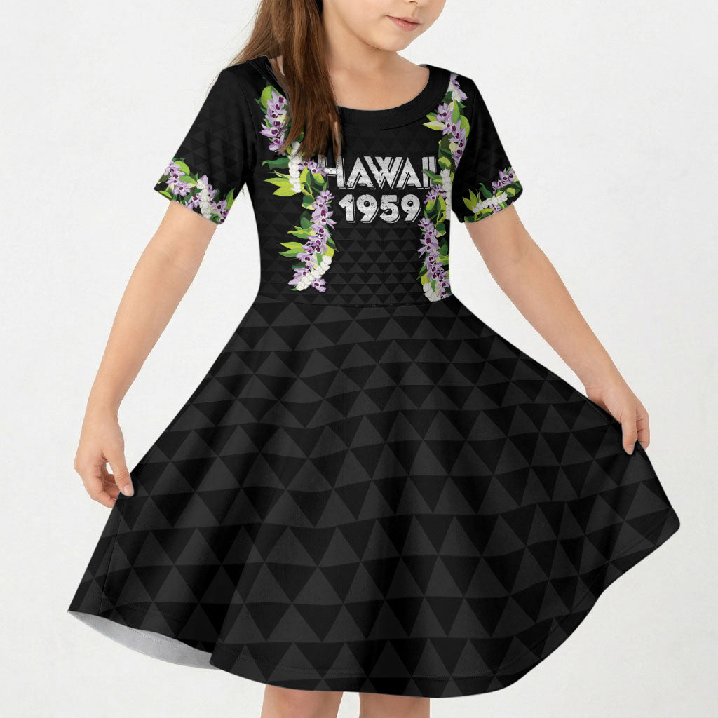 Hawaii Statehood Day Kid Short Sleeve Dress Kakau Pattern With Maile Pikake Honohono Lei