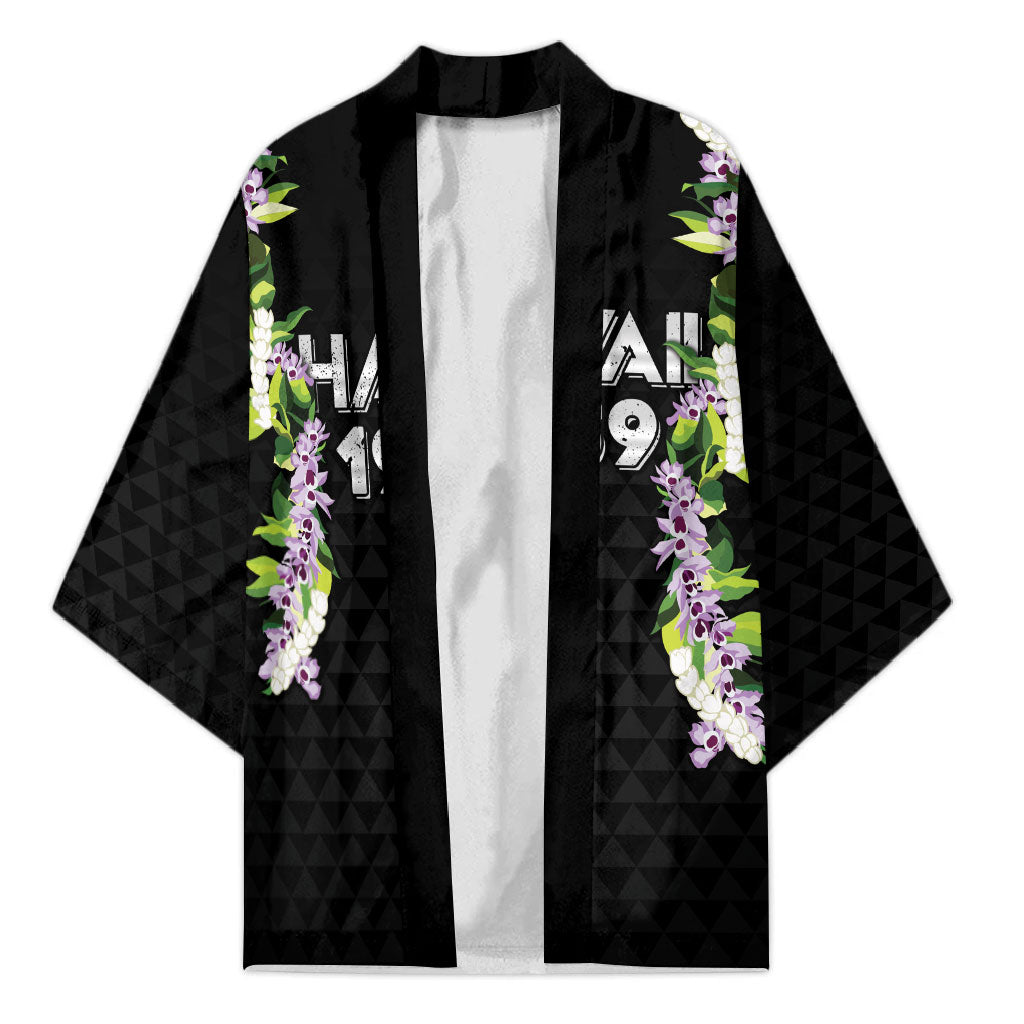 Hawaii Statehood Day Kimono Kakau Pattern With Maile Pikake Honohono Lei LT05 Unisex Black - Polynesian Pride