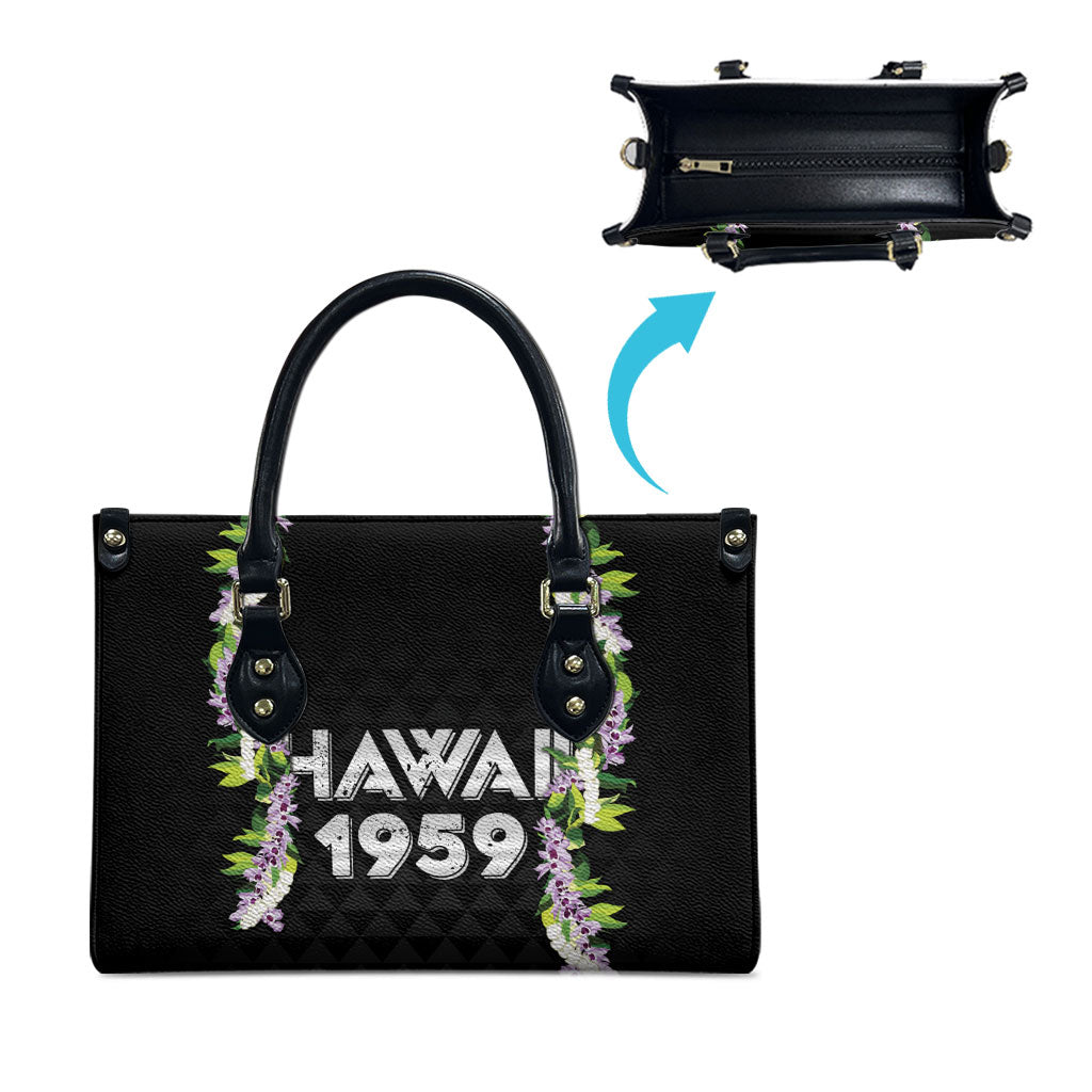 Hawaii Statehood Day Leather Bag Kakau Pattern With Maile Pikake Honohono Lei