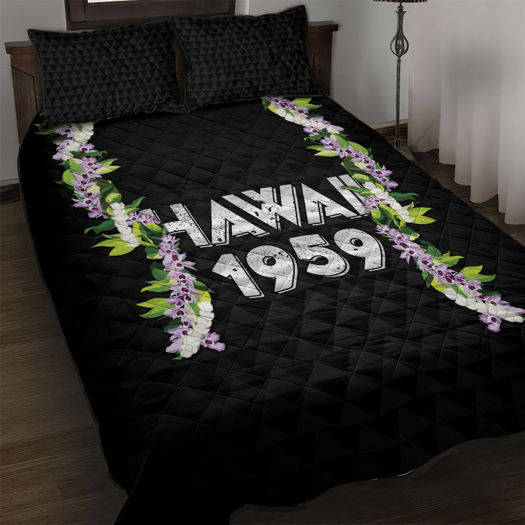 Hawaii Statehood Day Quilt Bed Set Kakau Pattern With Maile Pikake Honohono Lei