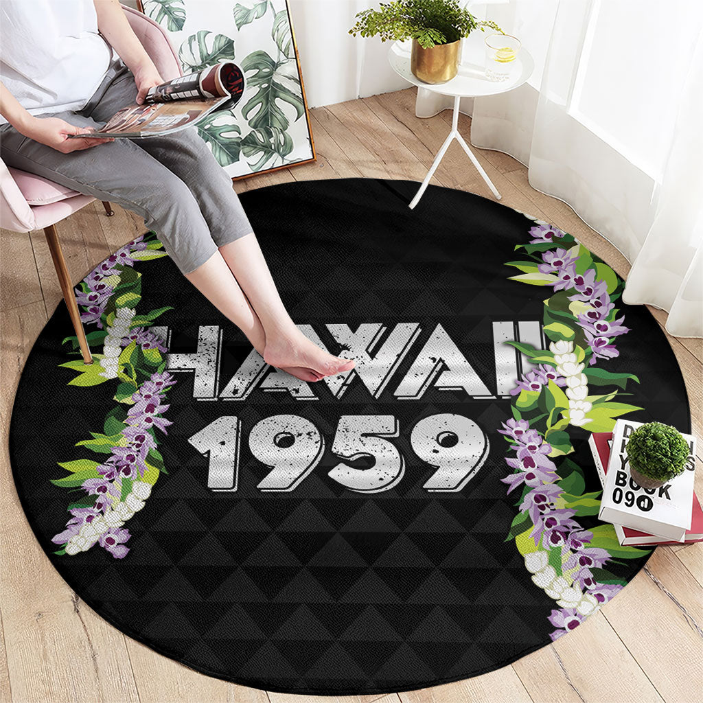Hawaii Statehood Day Round Carpet Kakau Pattern With Maile Pikake Honohono Lei