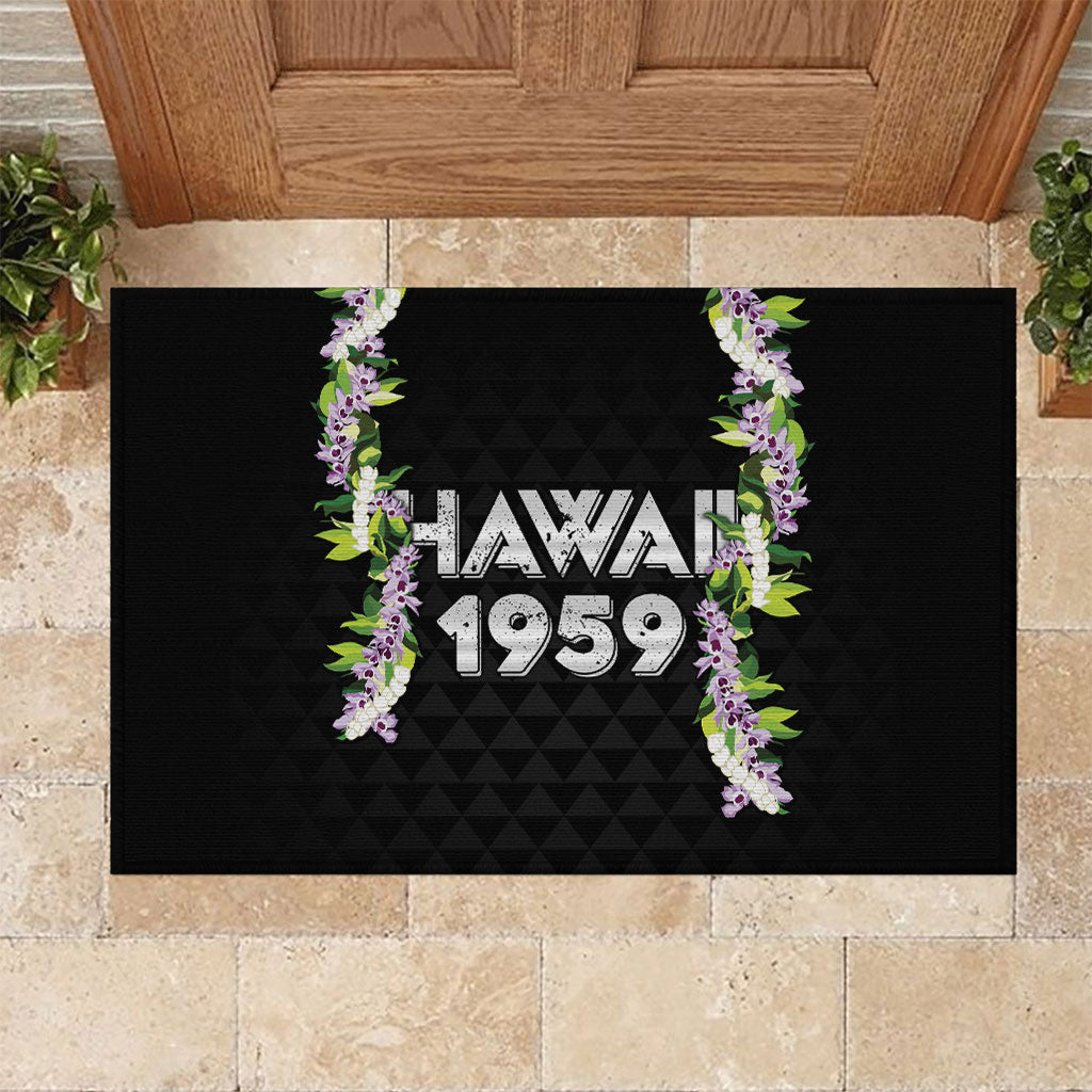 Hawaii Statehood Day Rubber Doormat Kakau Pattern With Maile Pikake Honohono Lei