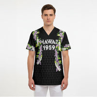 Hawaii Statehood Day Scrub Top Kakau Pattern With Maile Pikake Honohono Lei