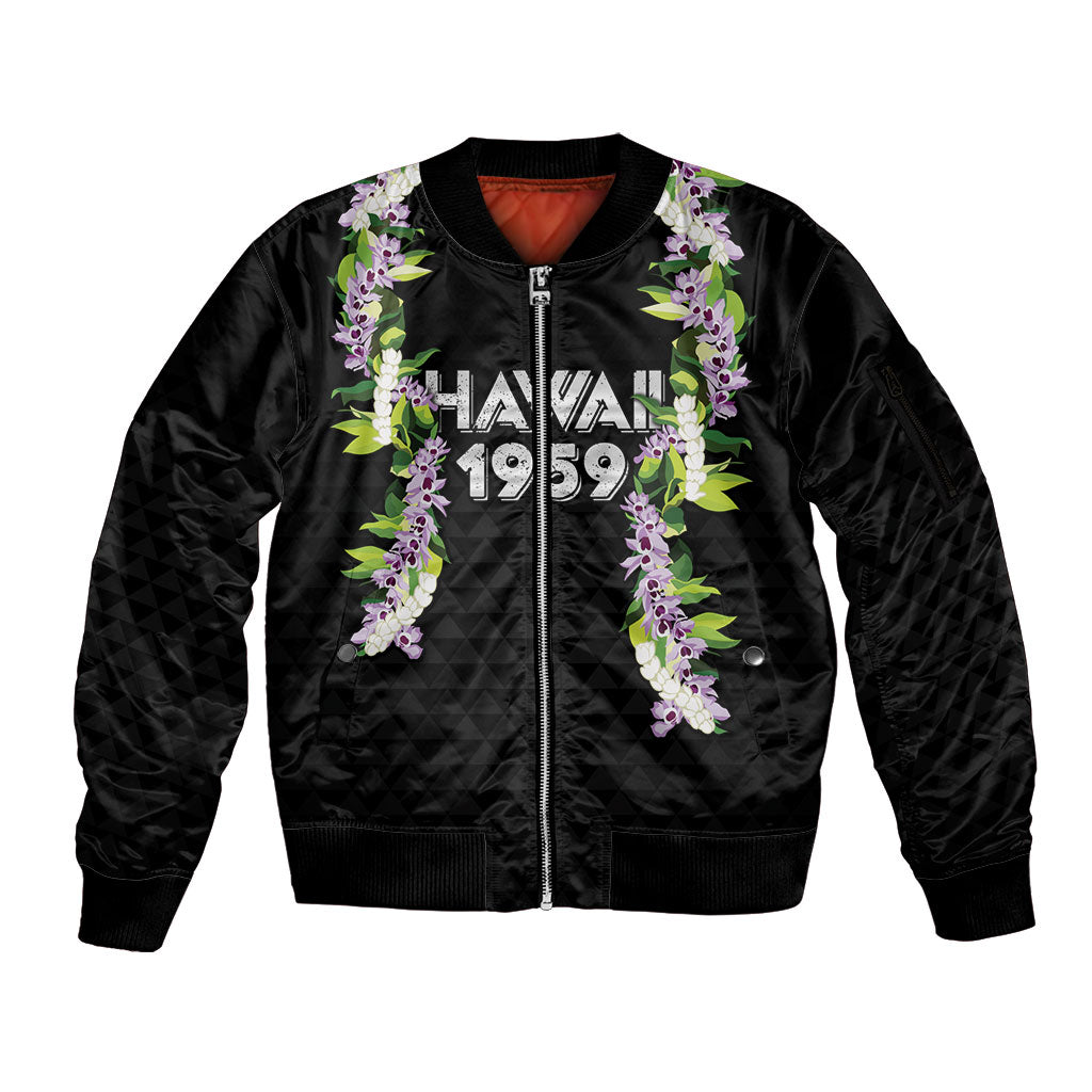 Hawaii Statehood Day Sleeve Zip Bomber Jacket Kakau Pattern With Maile Pikake Honohono Lei LT05 Unisex Black - Polynesian Pride