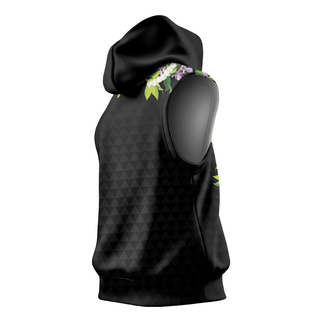 Hawaii Statehood Day Sleeveless Hoodie Kakau Pattern With Maile Pikake Honohono Lei