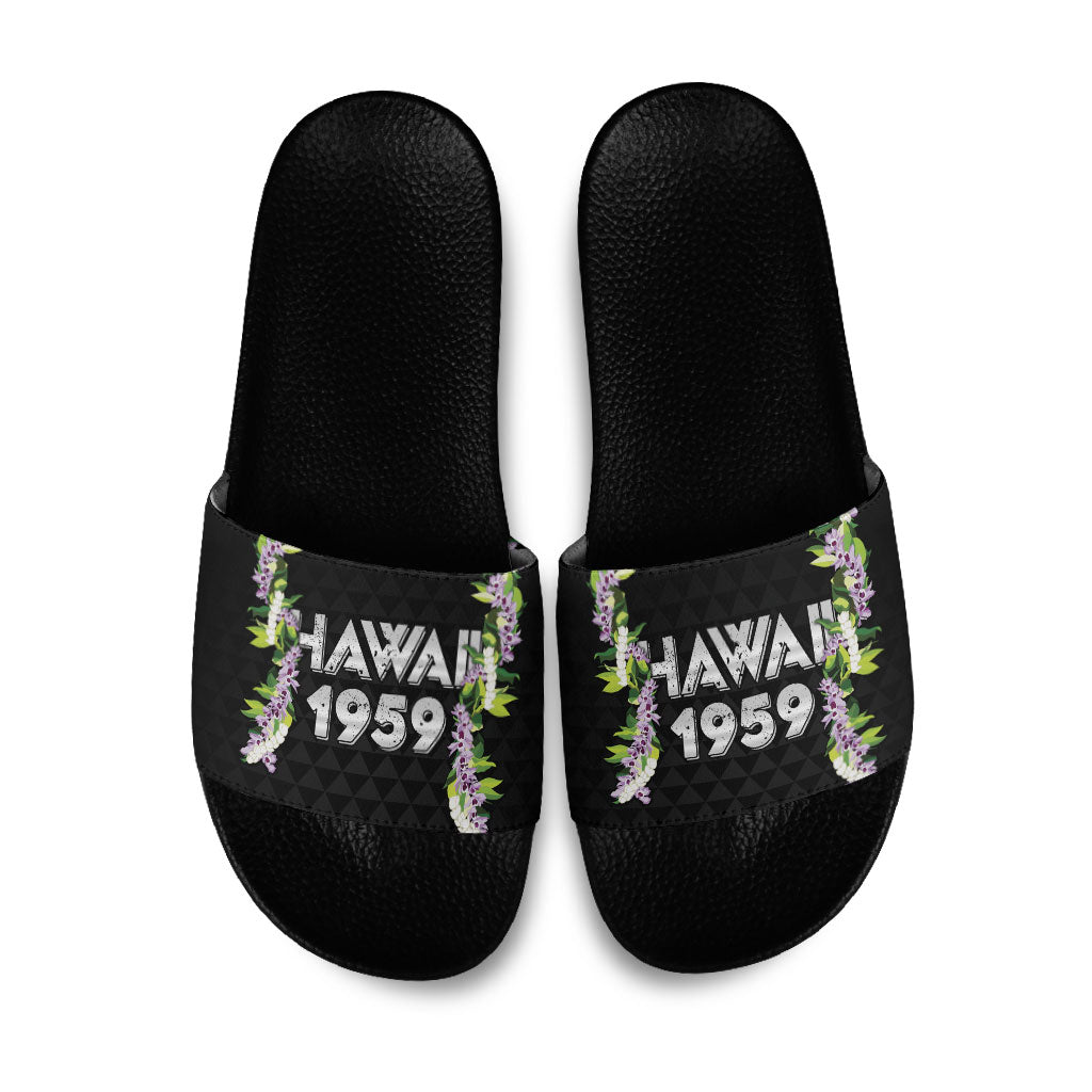Hawaii Statehood Day Slide Sandals Kakau Pattern With Maile Pikake Honohono Lei
