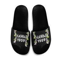 Hawaii Statehood Day Slide Sandals Kakau Pattern With Maile Pikake Honohono Lei