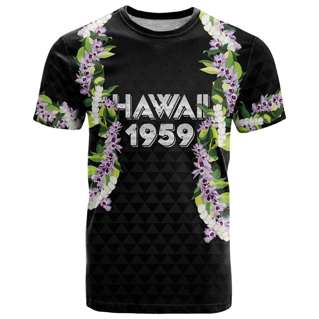Hawaii Statehood Day T Shirt Kakau Pattern With Maile Pikake Honohono Lei