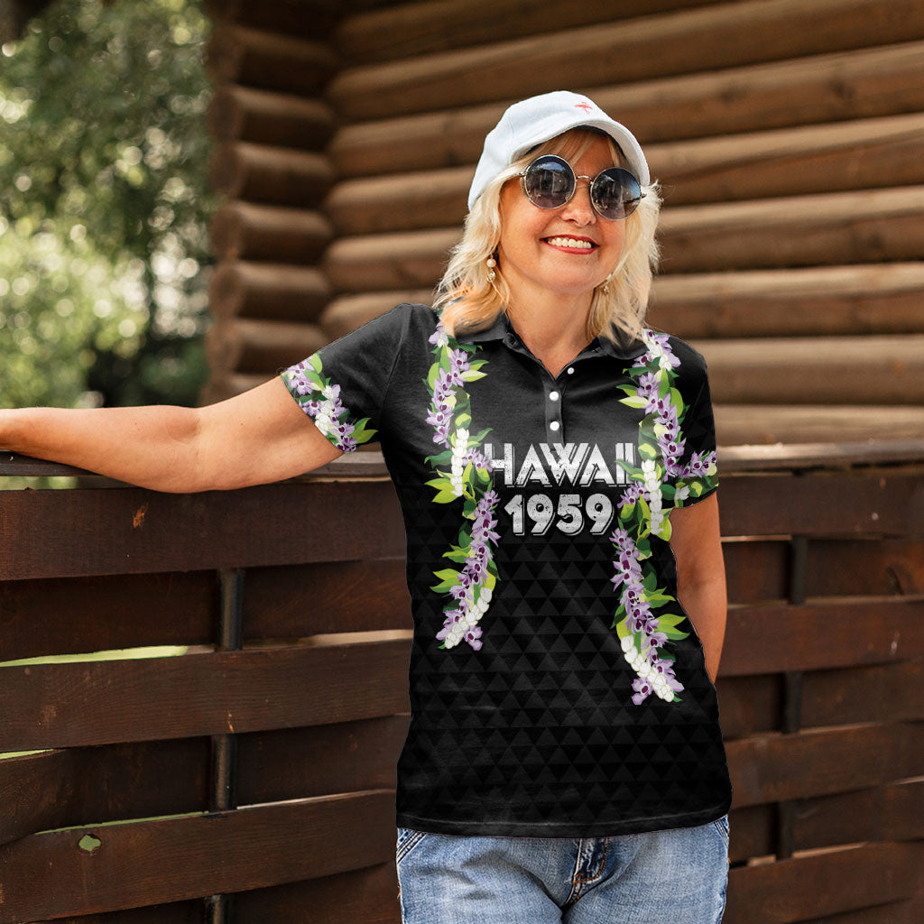 Hawaii Statehood Day Women Polo Shirt Kakau Pattern With Maile Pikake Honohono Lei