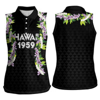 Hawaii Statehood Day Women Sleeveless Polo Shirt Kakau Pattern With Maile Pikake Honohono Lei