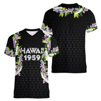 Hawaii Statehood Day Women V-Neck T-Shirt Kakau Pattern With Maile Pikake Honohono Lei