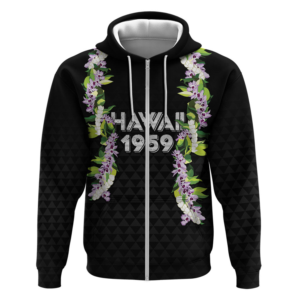 Hawaii Statehood Day Zip Hoodie Kakau Pattern With Maile Pikake Honohono Lei