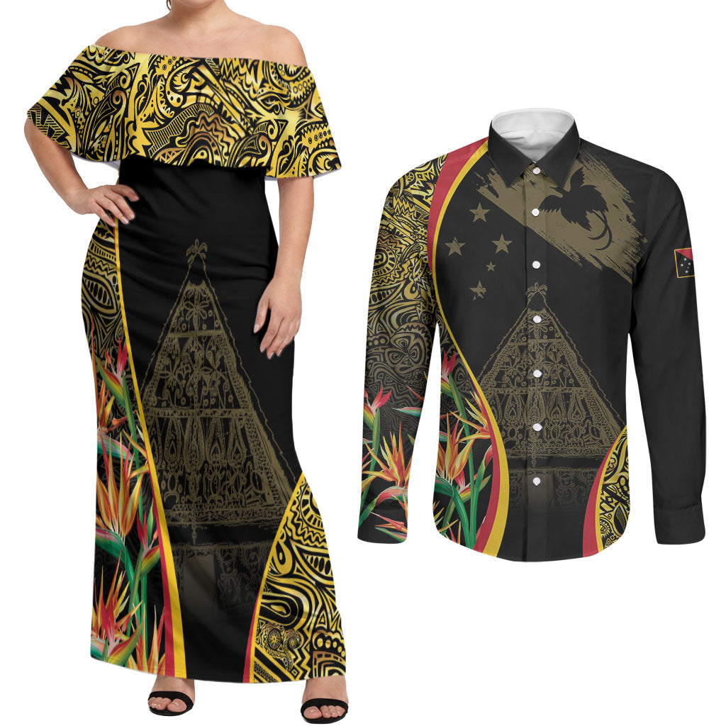 Papua New Guinea Hapi De Bilong Indipendens Couples Matching Off Shoulder Maxi Dress and Long Sleeve Button Shirt Special Style LT05 Black - Polynesian Pride