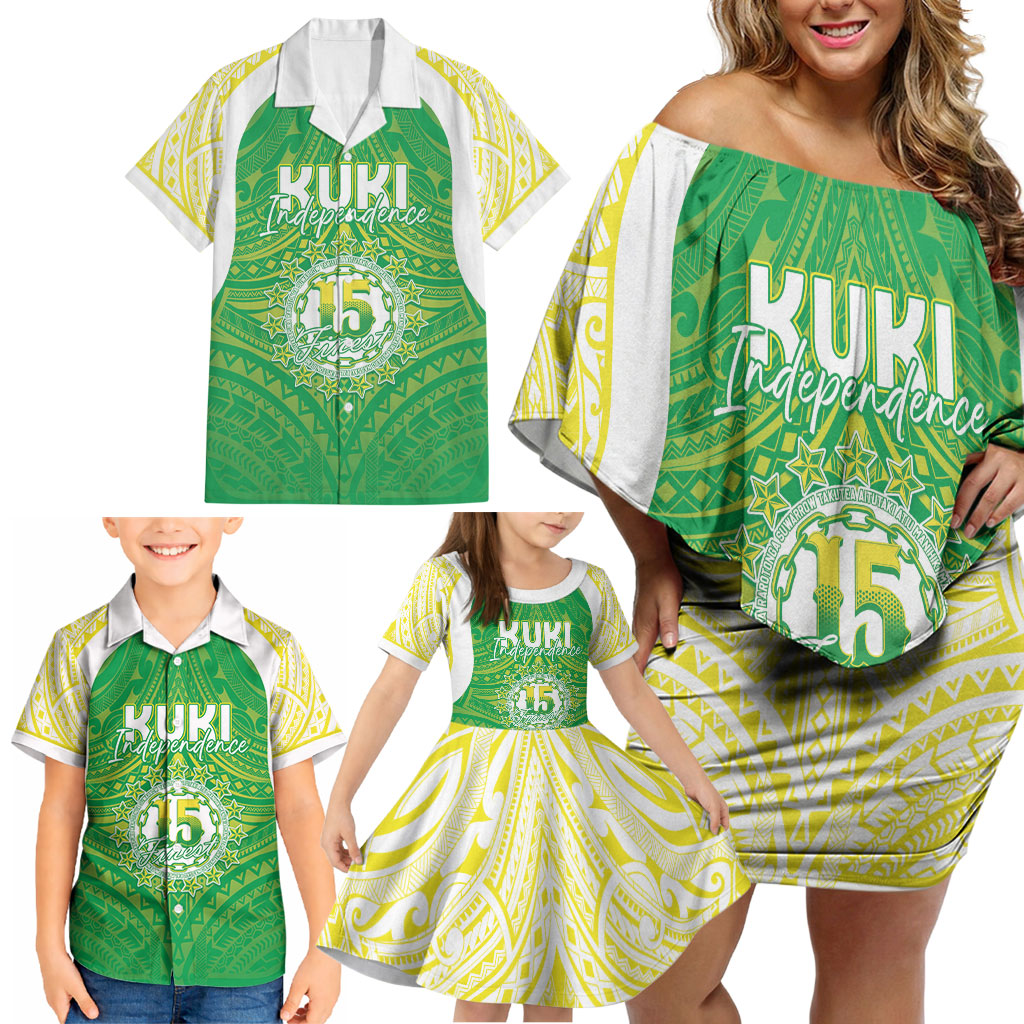 Kuki Independence 2026 Family Matching Off Shoulder Short Dress and Hawaiian Shirt Cook Islands 15 Finest Green Version LT05 - Polynesian Pride