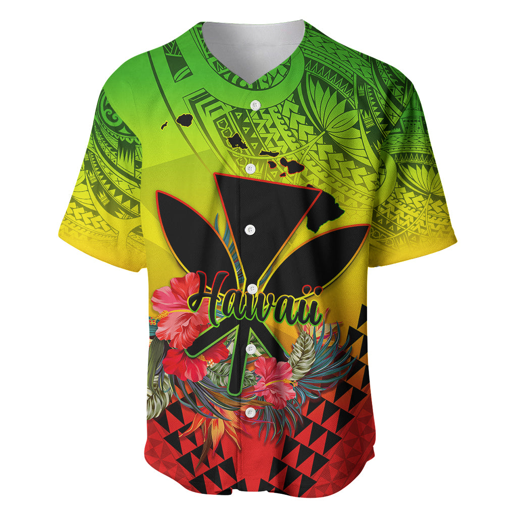 Personalized Hawaii Baseball Jersey Kakau Kanaka Maoli With Hibiscus Flowers LT05 Reggae - Polynesian Pride