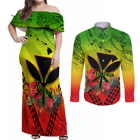 Personalized Hawaii Couples Matching Off Shoulder Maxi Dress and Long Sleeve Button Shirts Kakau Kanaka Maoli With Hibiscus Flowers LT05 Reggae - Polynesian Pride