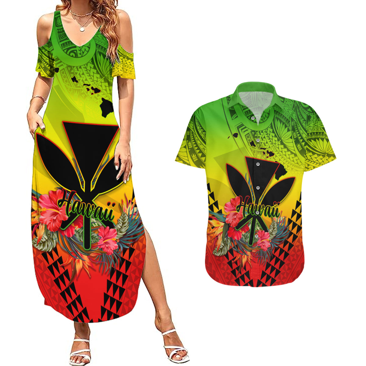 Personalized Hawaii Couples Matching Summer Maxi Dress and Hawaiian Shirt Kakau Kanaka Maoli With Hibiscus Flowers LT05 Reggae - Polynesian Pride