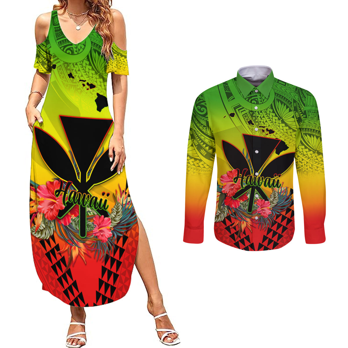 Personalized Hawaii Couples Matching Summer Maxi Dress and Long Sleeve Button Shirts Kakau Kanaka Maoli With Hibiscus Flowers LT05 Reggae - Polynesian Pride