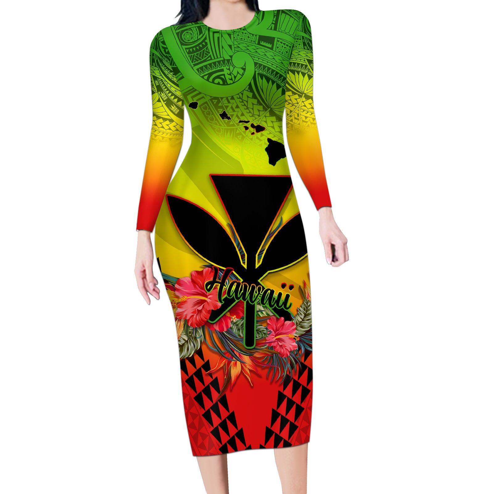 Personalized Hawaii Long Sleeve Bodycon Dress Kakau Kanaka Maoli With Hibiscus Flowers LT05 Long Dress Reggae - Polynesian Pride