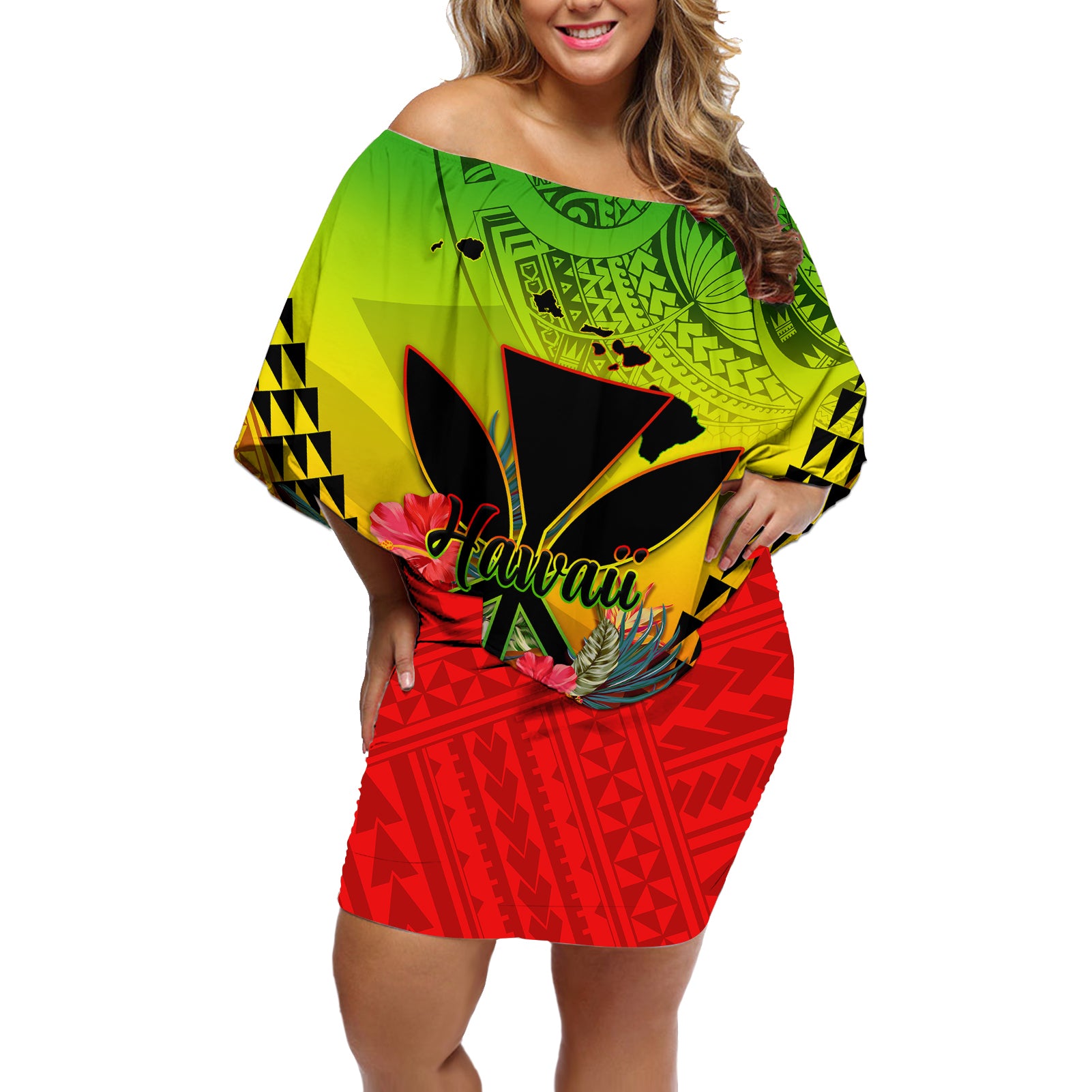 Personalized Hawaii Off Shoulder Short Dress Kakau Kanaka Maoli With Hibiscus Flowers LT05 Women Reggae - Polynesian Pride