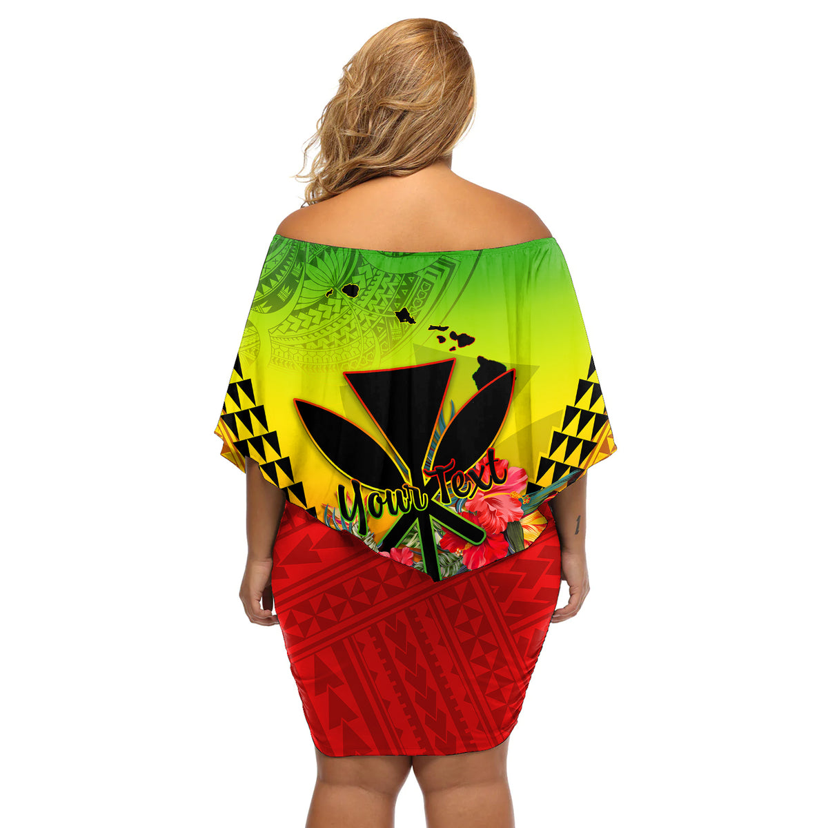 Personalized Hawaii Off Shoulder Short Dress Kakau Kanaka Maoli With Hibiscus Flowers LT05 - Polynesian Pride