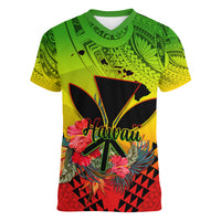 Personalized Hawaii Women V Neck T Shirt Kakau Kanaka Maoli With Hibiscus Flowers LT05 Female Reggae - Polynesian Pride