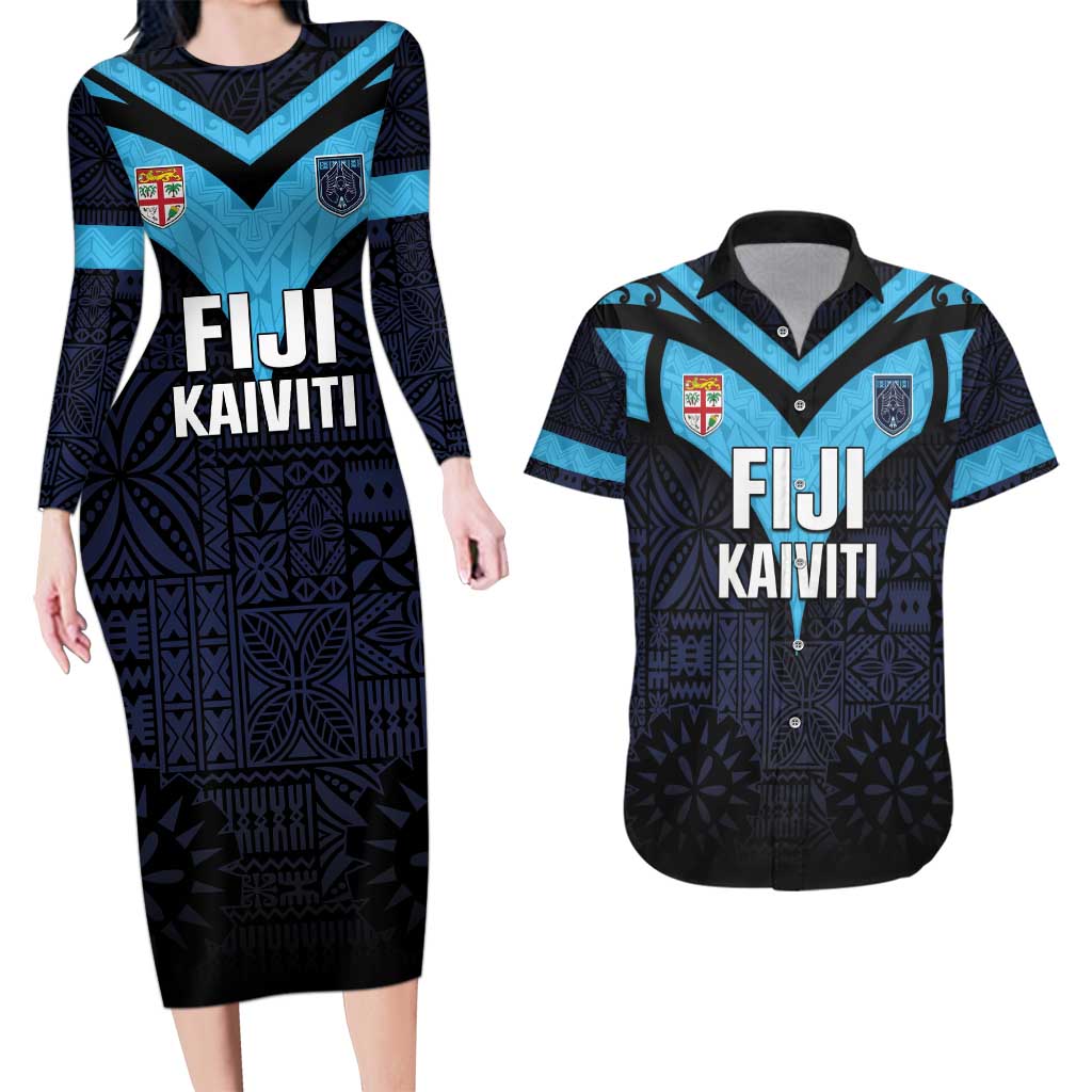 Custom Fiji Kaiviti Rugby Couples Matching Long Sleeve Bodycon Dress and Hawaiian Shirt Fiji Tapa Pattern