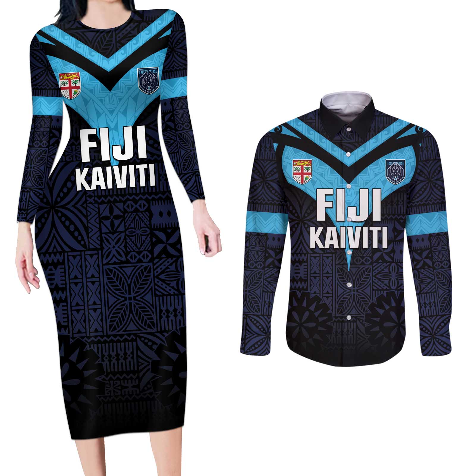 Custom Fiji Kaiviti Rugby Couples Matching Long Sleeve Bodycon Dress and Long Sleeve Button Shirt Fiji Tapa Pattern