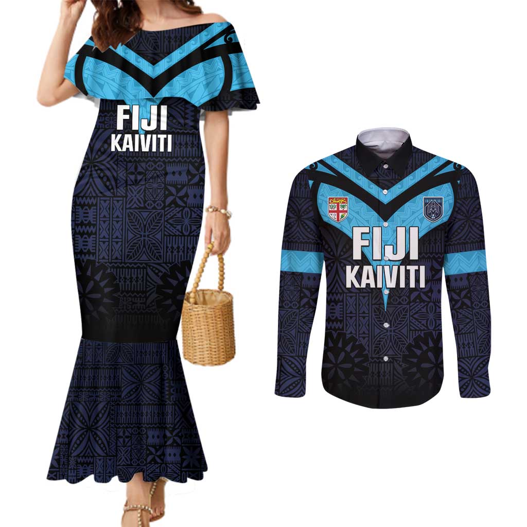 Custom Fiji Kaiviti Rugby Couples Matching Mermaid Dress and Long Sleeve Button Shirt Fiji Tapa Pattern