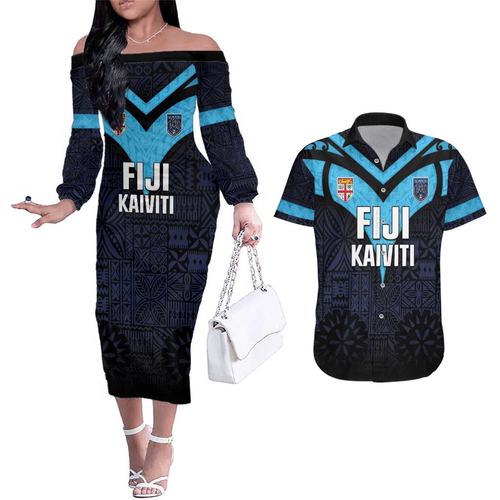 Custom Fiji Kaiviti Rugby Couples Matching Off The Shoulder Long Sleeve Dress and Hawaiian Shirt Fiji Tapa Pattern