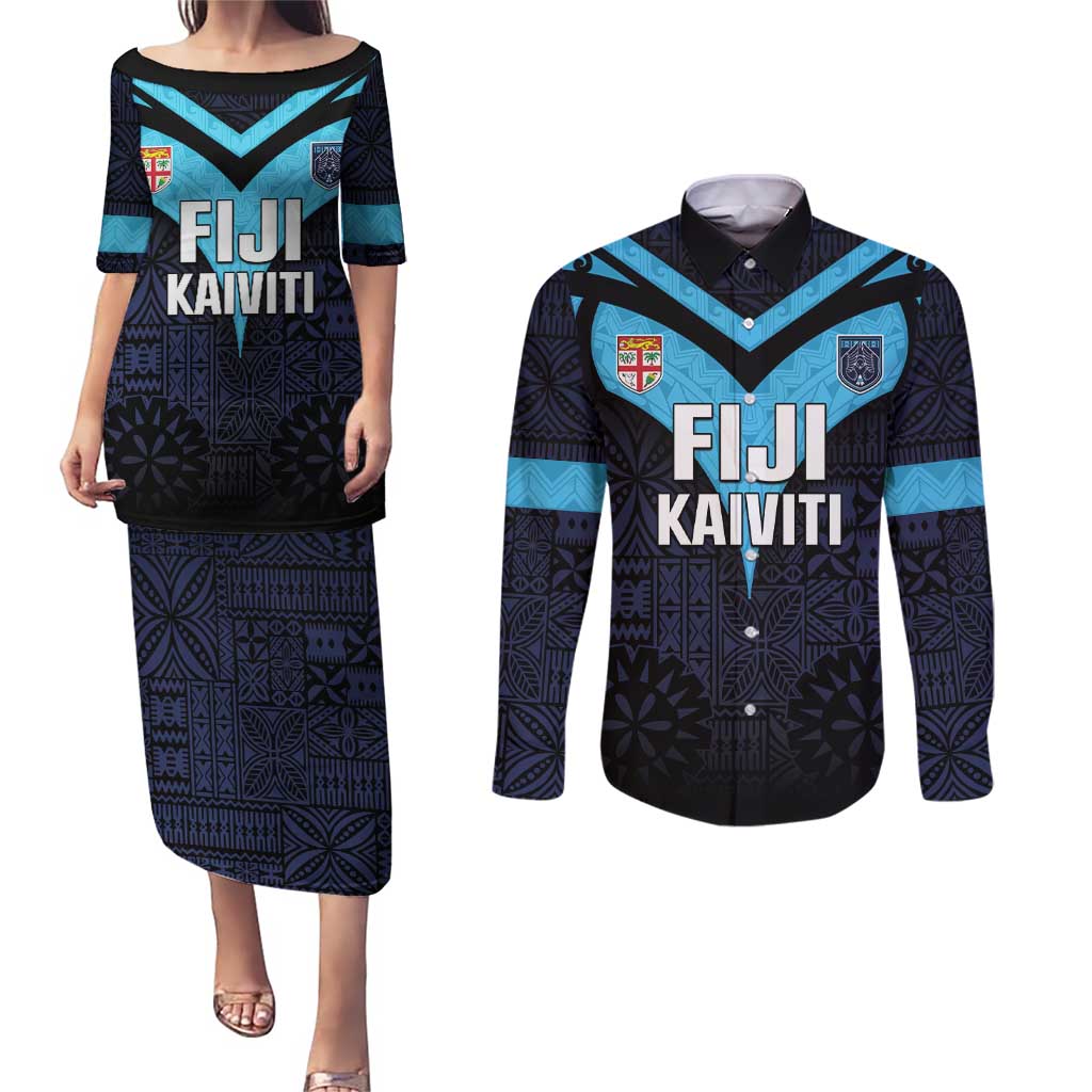 Custom Fiji Kaiviti Rugby Couples Matching Puletasi and Long Sleeve Button Shirt Fiji Tapa Pattern