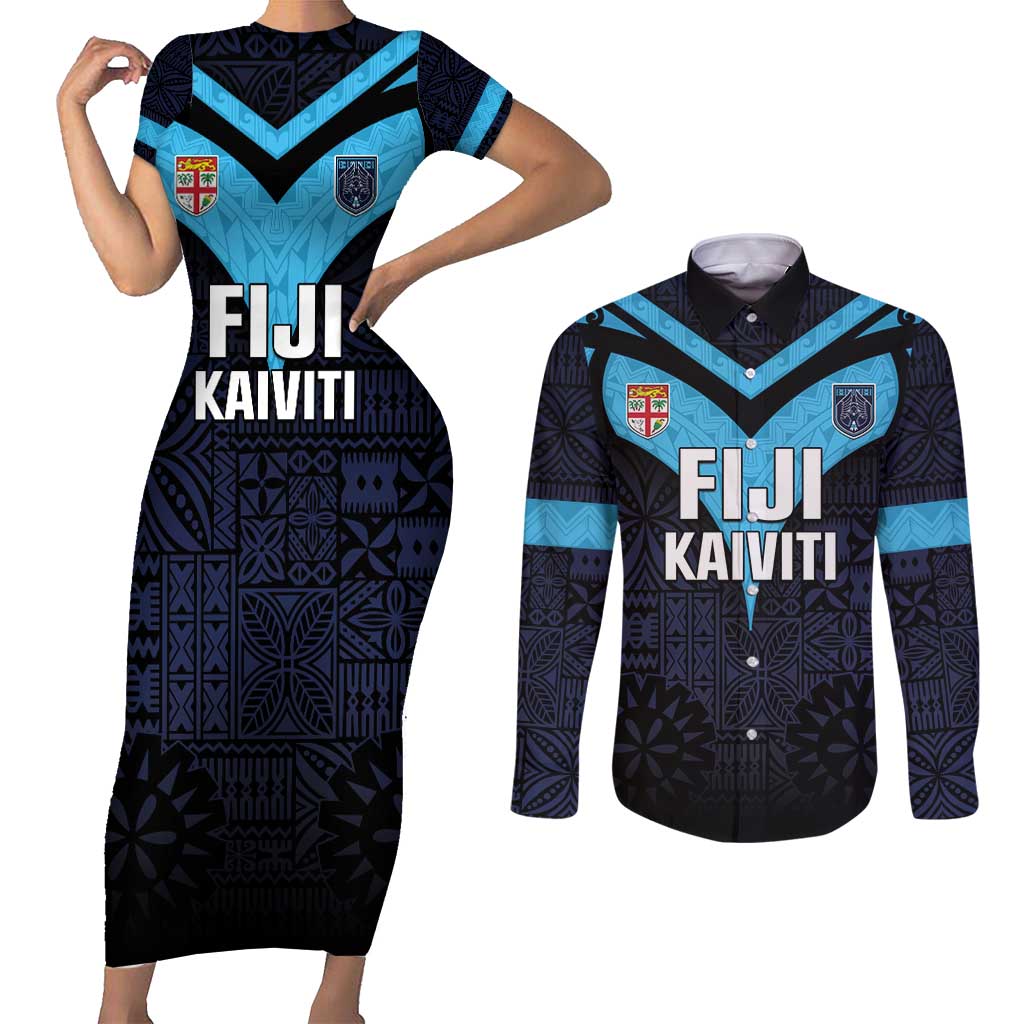 Custom Fiji Kaiviti Rugby Couples Matching Short Sleeve Bodycon Dress and Long Sleeve Button Shirt Fiji Tapa Pattern