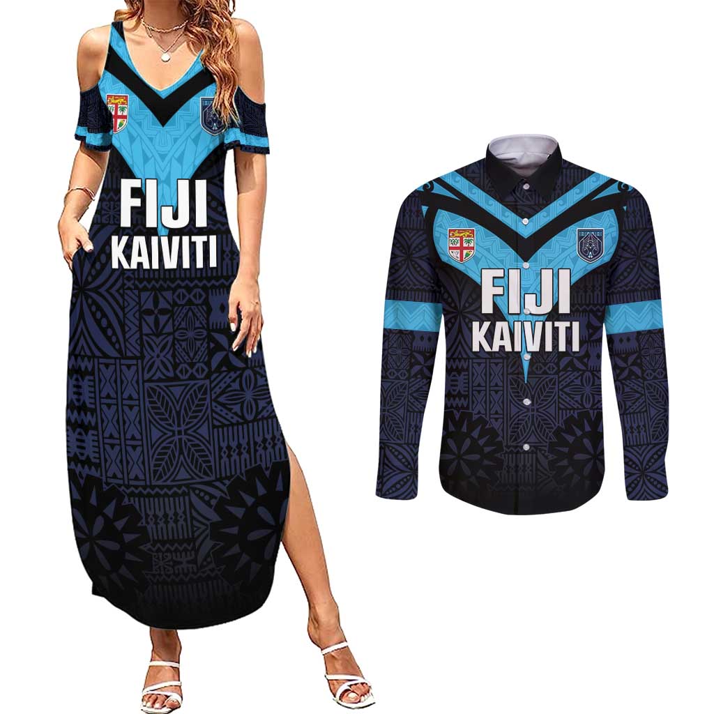 Custom Fiji Kaiviti Rugby Couples Matching Summer Maxi Dress and Long Sleeve Button Shirt Fiji Tapa Pattern