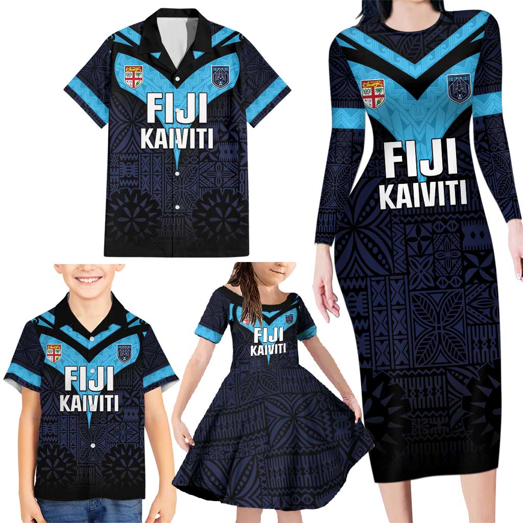 Custom Fiji Kaiviti Rugby Family Matching Long Sleeve Bodycon Dress and Hawaiian Shirt Fiji Tapa Pattern