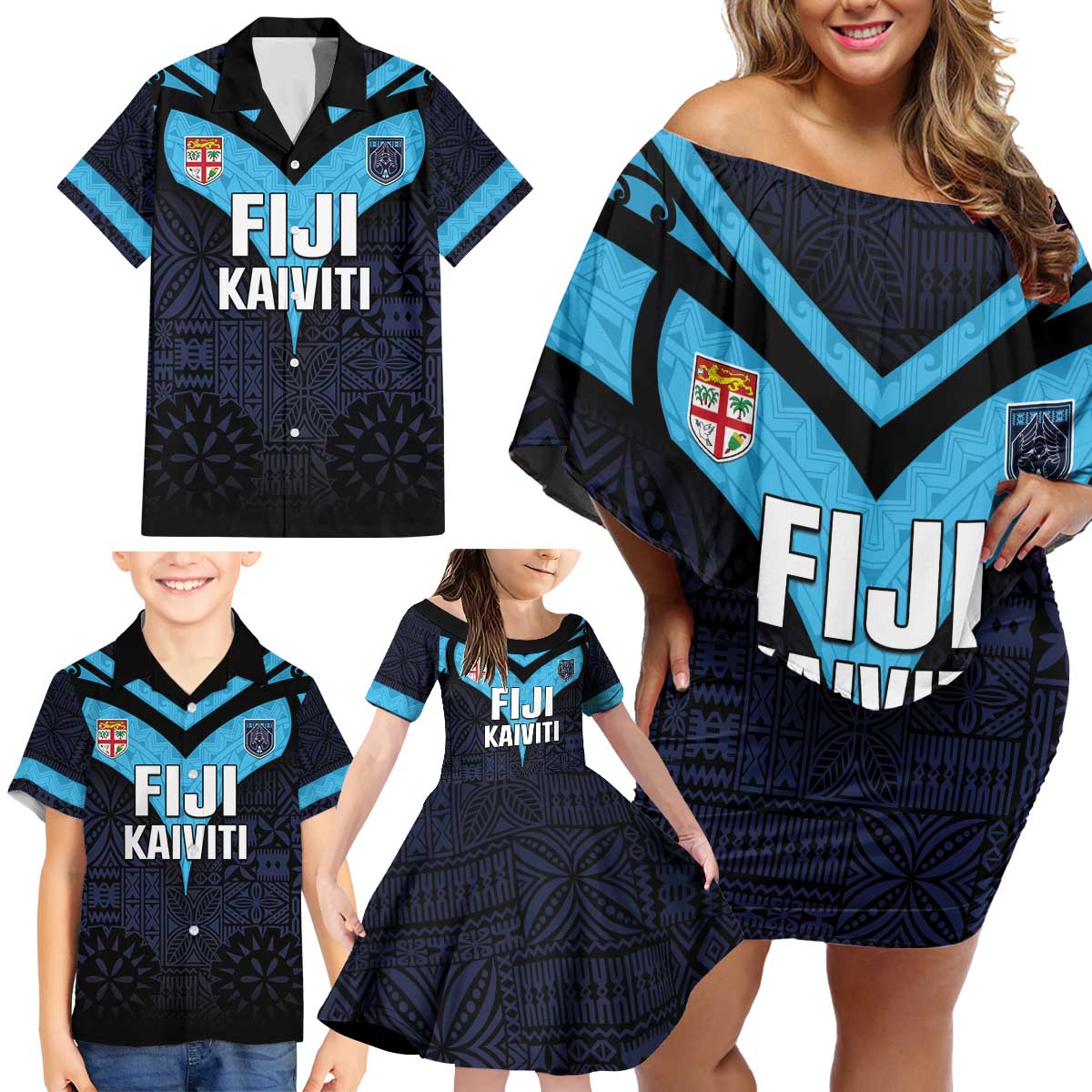 Custom Fiji Kaiviti Rugby Family Matching Off Shoulder Short Dress and Hawaiian Shirt Fiji Tapa Pattern