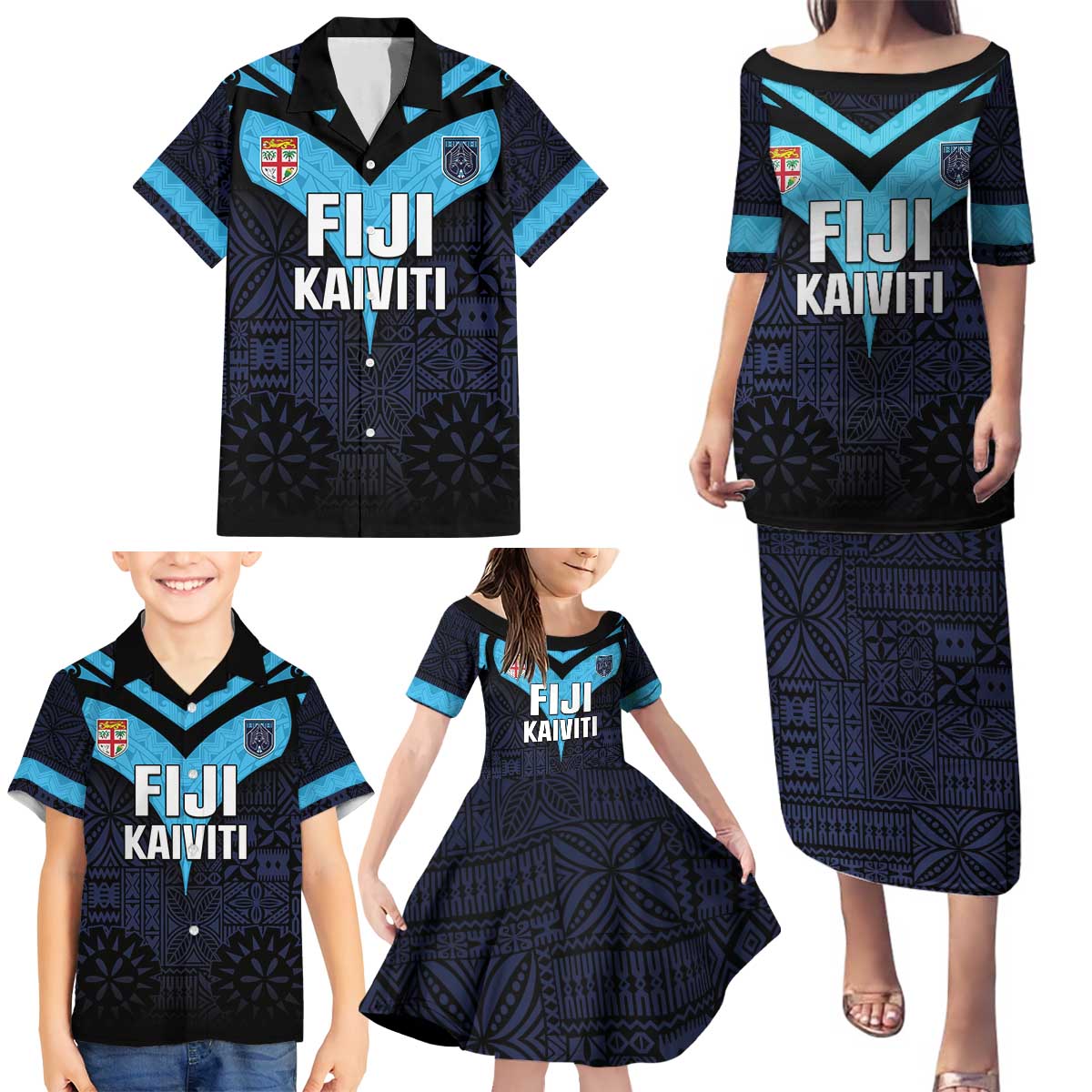 Custom Fiji Kaiviti Rugby Family Matching Puletasi and Hawaiian Shirt Fiji Tapa Pattern