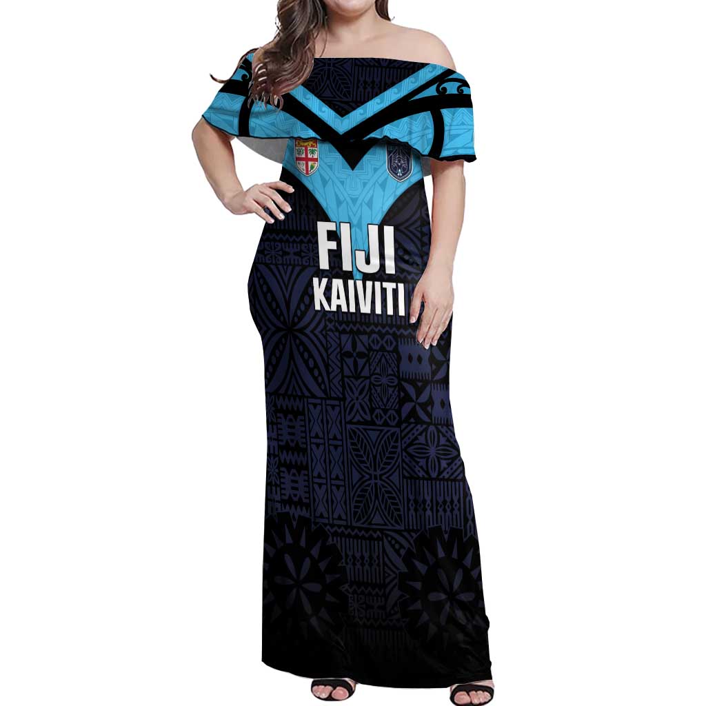 Custom Fiji Kaiviti Rugby Off Shoulder Maxi Dress Fiji Tapa Pattern