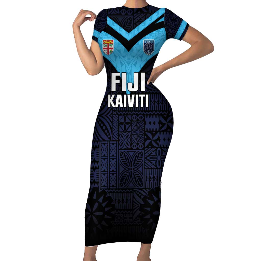 Custom Fiji Kaiviti Rugby Short Sleeve Bodycon Dress Fiji Tapa Pattern